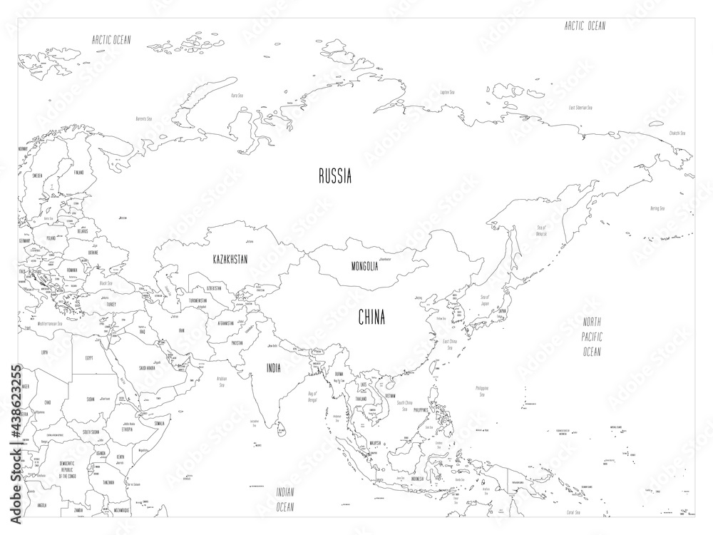 Fototapeta Mapa Polityczna Azji Czarny Kontur R cznie Rysowane Stylu 