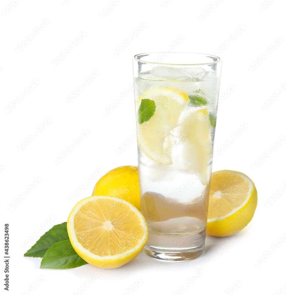 Cool freshly made lemonade and fruits on white background Cool freshly made lemonade and fruits on white background