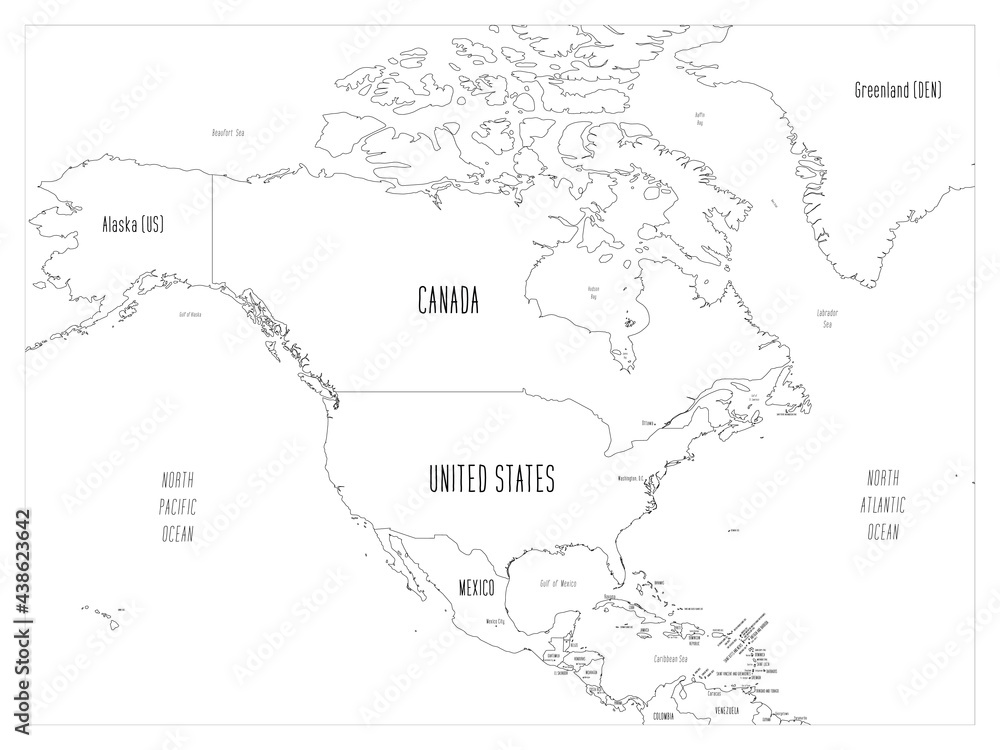 Political map of North America. Black outline hand-drawn cartoon style illustrated map with bathymetry. Handwritten labels of country, capital city, sea and ocean names. Simple flat vector map.