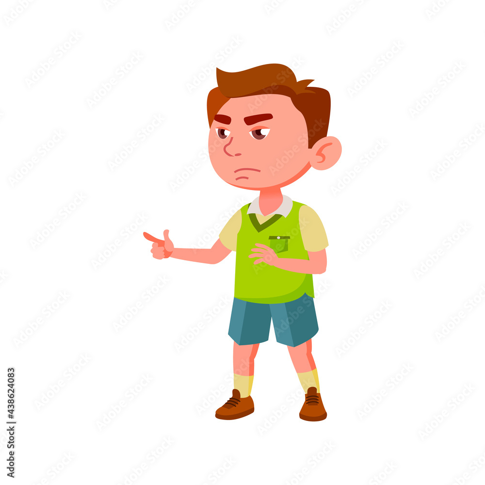 frustrated little boy try to turn on tv cartoon vector. frustrated little boy try to turn on tv character. isolated flat cartoon illustration