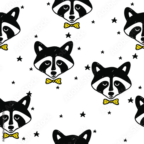 Children's seamless pattern with raccoons and stars. Hand-drawn Vector illustration. Baby pattern.