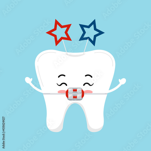 4 th of July tooth dental icon isolated. Dentist cute tooth in braces character in headband with red and blue stars. Flat cartoon vector usa independence clip art illustration.