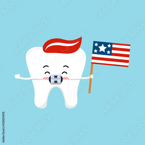 4 th of July tooth in braces dental icon isolated. Dentist cute tooth in brackets character with waving american flag. Flat cartoon vector independence clip art illustration.