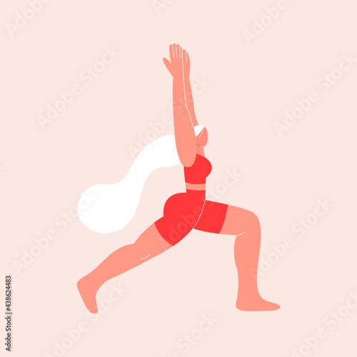 A young Woman standing in the warrior yoga pose. Virabhadrasana. Online courses, education. Vector illustration in flat style. Eps 10.