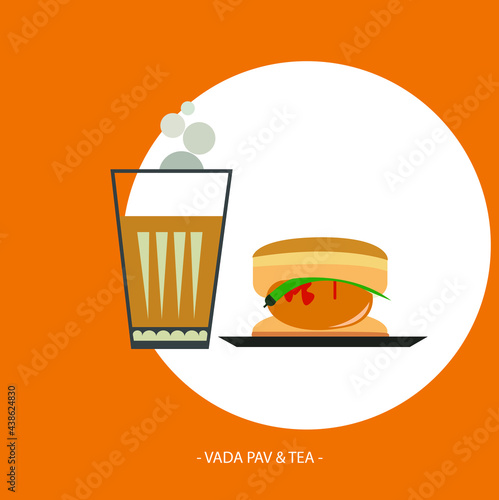 Vada pav and hot tea -  Indian Famous Street Food Vada Pav Also Know as Vada Paav, Wada Pav or Wada Pao is a Vegetarian Fast Food Dish From Maharashtra and hot glass of tea