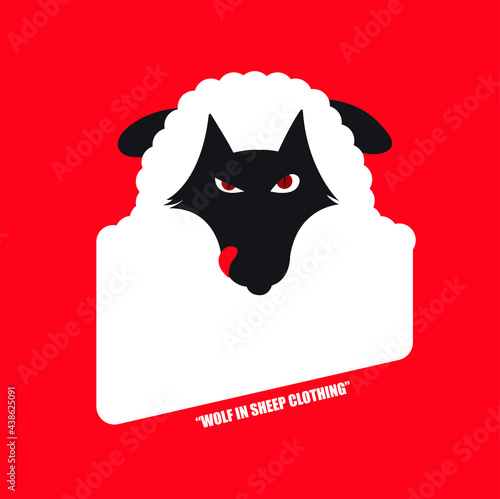 wolf in sheep's clothing on red background. Place for an inscription - for t-shirts, posters, cards.
