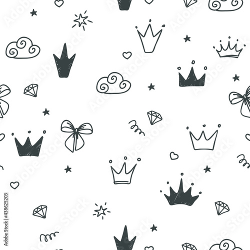 Hand-drawn seamless pattern with clouds, hearts, bow, diamond, crowns. Cute baby and little princess design. Children's room wallpaper and clothes texture.
