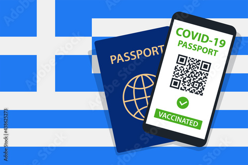 Covid-19 Passport on Greece Flag Background. Vaccinated. QR Code. Smartphone. Immune Health Cerificate. Vaccination Document. Vector