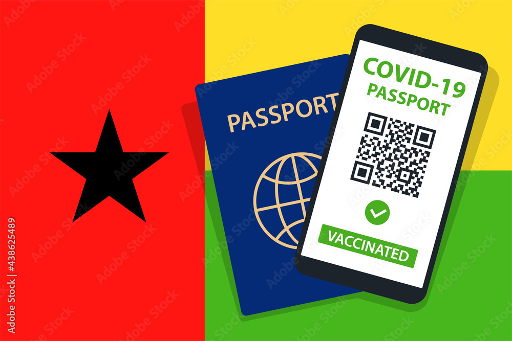 Fototapeta premium Covid-19 Passport on Guinea-Bissau Flag Background. Vaccinated. QR Code. Smartphone. Immune Health Cerificate. Vaccination Document. Vector