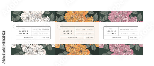 Vector set pattens for cosmetics with label template design. Patterns or wrapping paper for package and beauty salons. Botanical collection. Organic, natural cosmetic.