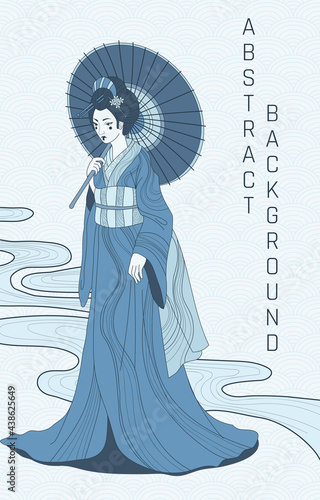 vector abstract illustration background woman in kimono with umbrella in blue colours, japanese abstract background