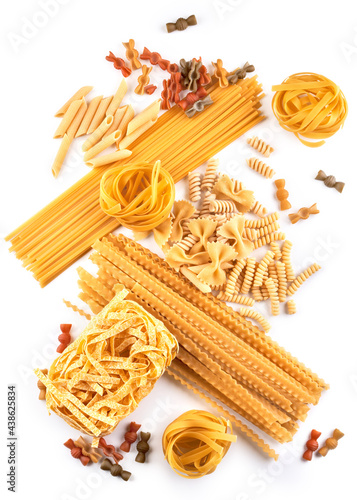 Assorted varieties of pasta wallpaper. Mix macaroni  spaghetti on white background