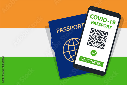 Covid-19 Passport on India Flag Background. Vaccinated. QR Code. Smartphone. Immune Health Cerificate. Vaccination Document. Vector