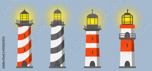 Lighthouses with shining light. Set of red-white architectural buildings of the coastline. Boat rescuer