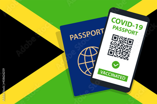 Covid-19 Passport on Jamaica Flag Background. Vaccinated. QR Code. Smartphone. Immune Health Cerificate. Vaccination Document. Vector