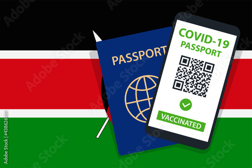 Covid-19 Passport on Kenya Flag Background. Vaccinated. QR Code. Smartphone. Immune Health Cerificate. Vaccination Document. Vector
