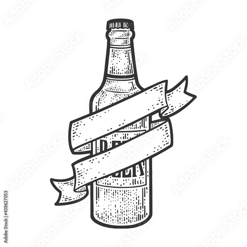 Beer bottle with tape ribbon line art sketch engraving vector illustration. T-shirt apparel print design. Scratch board imitation. Black and white hand drawn image.