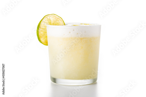 Pisco sour cocktail isolated on white background. Traditional peruvian cocktail	 photo
