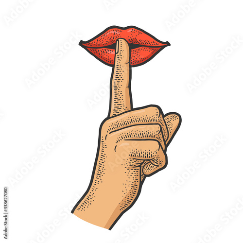 Mouth with finger silence gesture color line art sketch engraving vector illustration. T-shirt apparel print design. Scratch board imitation. Black and white hand drawn image.