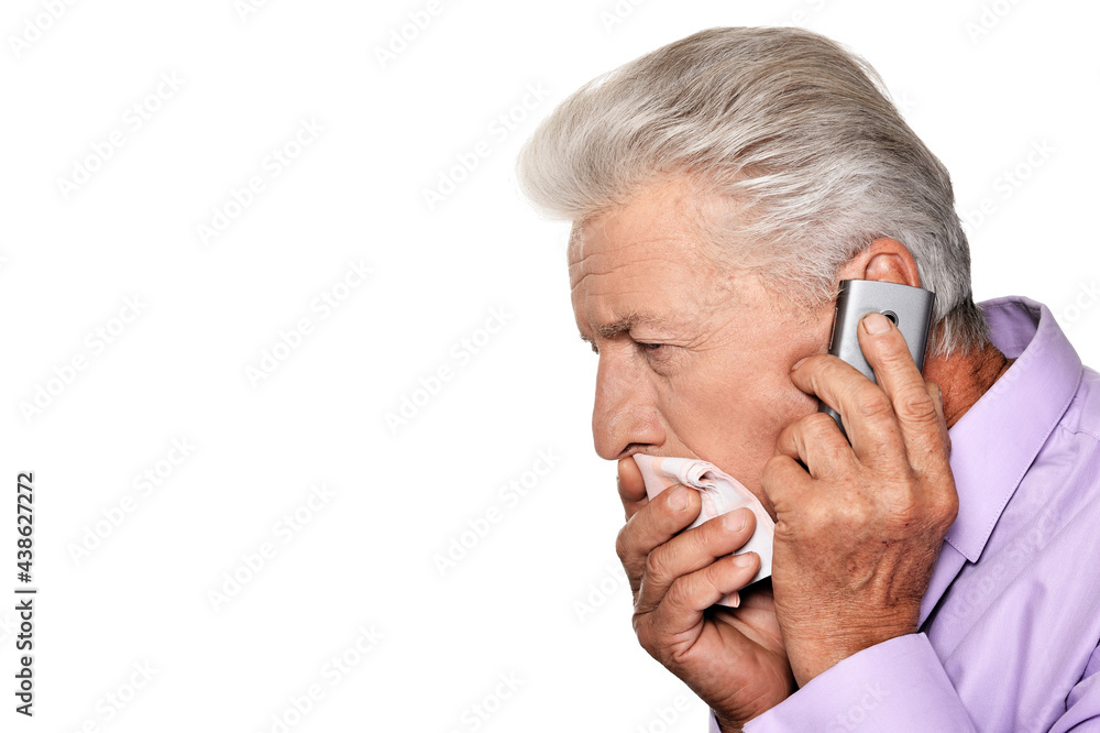 Portrait of sad sick senior man calling doctor Portrait of sad sick senior man calling doctor