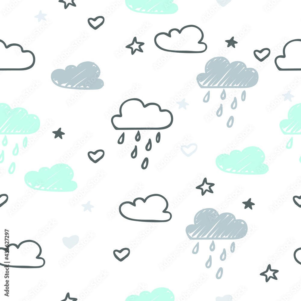Hand-drawn seamless pattern with cute clouds, raindrops on a white background. Hand-drawn seamless pattern with cute clouds, raindrops on a white background.