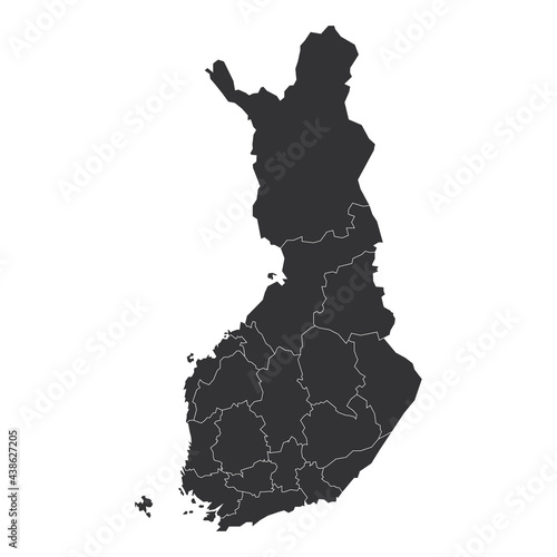 Grey political map of Finland. Administrative divisions - regions. Simple flat blank vector map.
