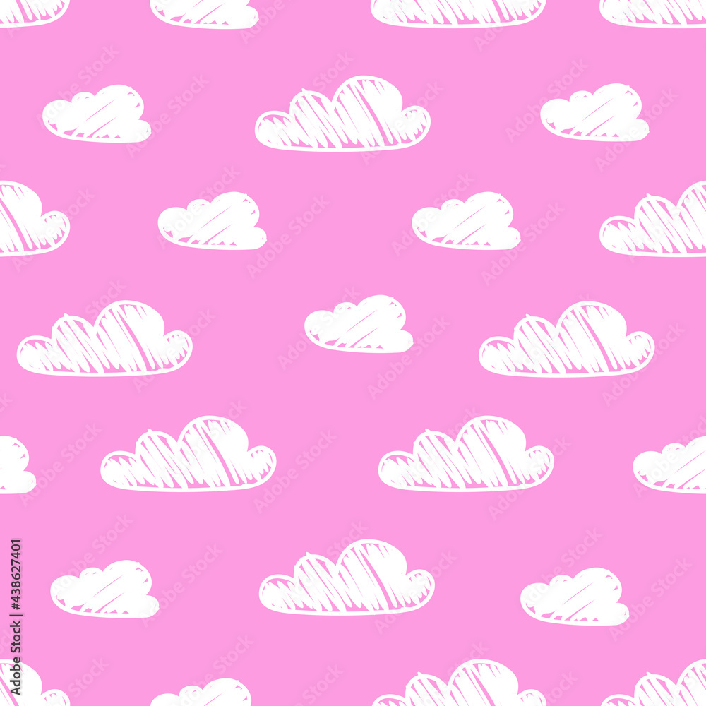 Hand-drawn seamless pattern with cute clouds on a pink.