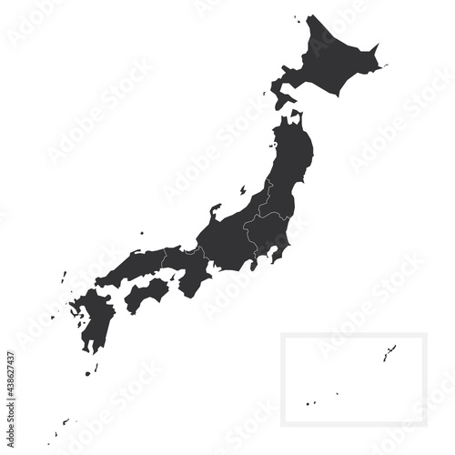 Colorful political map of Japan. Administrative divisions - regions. Simple flat blank vector map.