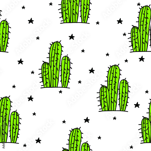 Vector seamless pattern with hand drawn cactus and stars.