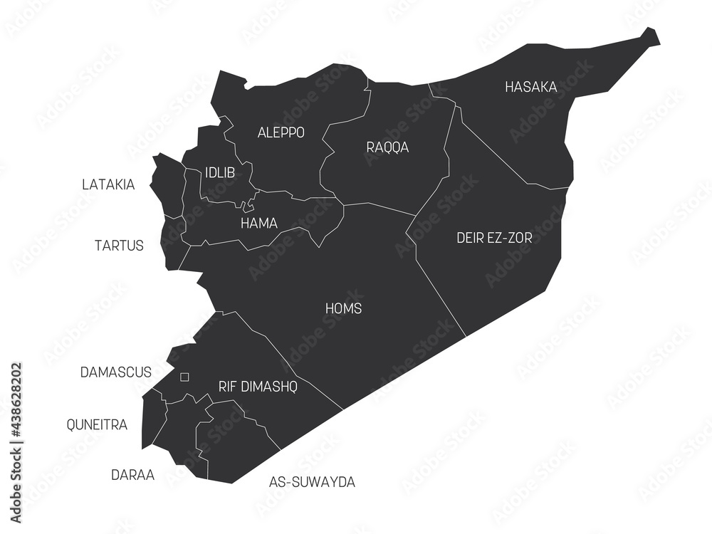 Grey political map of Syria. Administrative divisions - governorates. Simple flat vector map with labels.