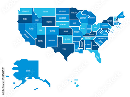 Blue simplified map of USA, United States of America. Retro style. Geometrical shapes of states with sharp borders. Simple flat vector map with state name labels