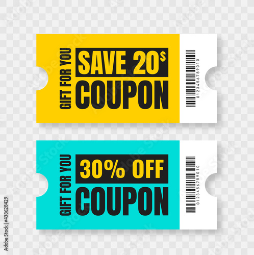 Vector coupon discount isolated. Gift voucher for business. Set of promo coupons.