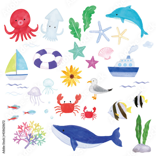 海イメージの水彩イラストセット
