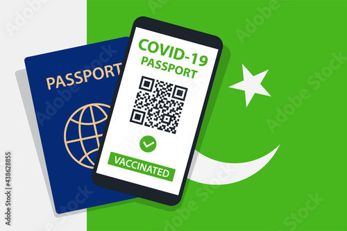 Covid-19 Passport on Pakistan Flag Background. Vaccinated. QR Code. Smartphone. Immune Health Cerificate. Vaccination Document. Vector