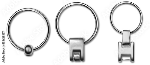 Leather keychain, trinket keyring mockup. Keyholder and breloque illustration. Keyring holders isolated on white background. Blank accessory.
