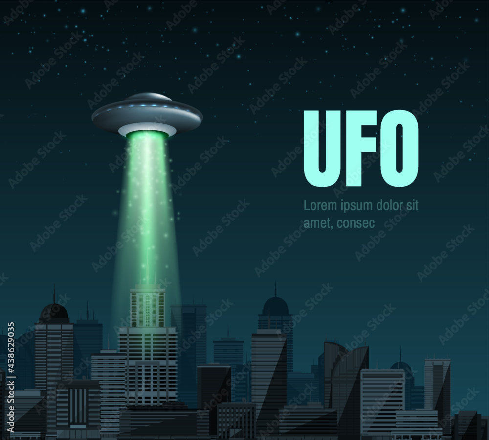 UFO spaceship with a light beam flying over the city. UFO day Vector illustration