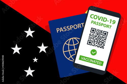 Covid-19 Passport on Papua New Guinea Flag Background. Vaccinated. QR Code. Smartphone. Immune Health Cerificate. Vaccination Document. Vector