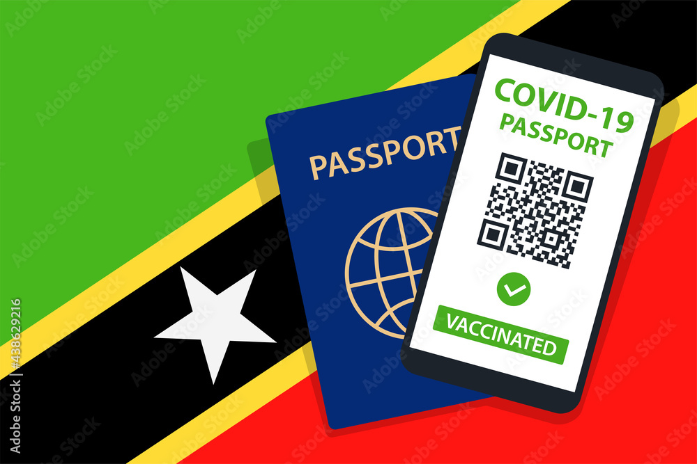 Covid-19 Passport on Saint Kitts and Nevis Flag Background. Vaccinated. QR Code. Smartphone. Immune Health Cerificate. Vaccination Document. Vector Covid-19 Passport on Saint Kitts and Nevis Flag Background. Vaccinated. QR Code. Smartphone. Immune Health Cerificate. Vaccination Document. Vector