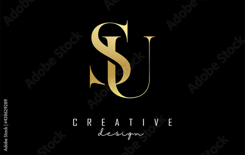 Golden Su s u letter design logo logotype concept with serif font and elegant style. Vector illustration icon with letters S and U.