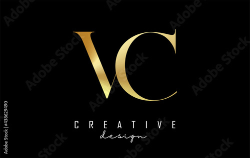 Golden VC v c letter design logo logotype concept with serif font and elegant style. Vector illustration icon with letters V and c