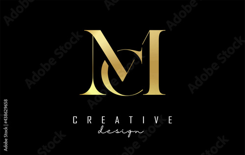 Golden MC m c letter design logo logotype concept with serif font and elegant style. Vector illustration icon with letters M and C.