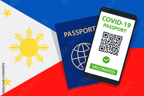 Covid-19 Passport on Philippines Flag Background. Vaccinated. QR Code. Smartphone. Immune Health Cerificate. Vaccination Document. Vector