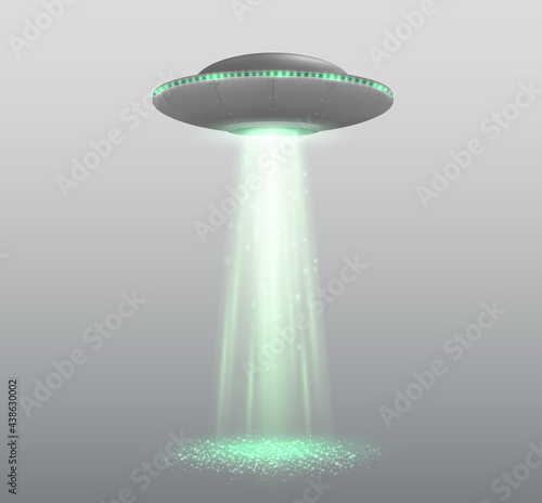 UFO spaceship with light beam isolated on transparent background. Vector illustration