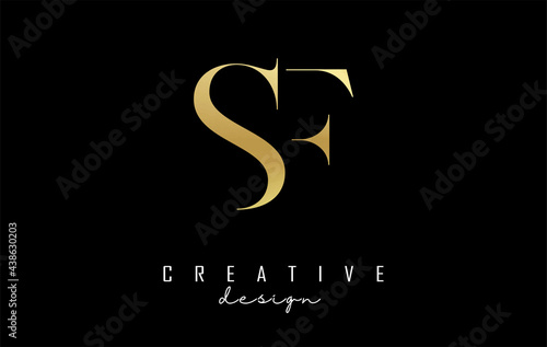Golden SF s f letter design logo logotype concept with serif font and elegant style. Vector illustration icon with letters S and F.