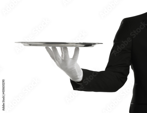 Elegant butler holding silver tray isolated on white, closeup photo