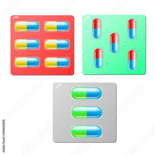A set of pills. Tablets in a blister. Tablet. Medicine. First aid. Health. Pharmacy. Medicines. Vitamin. Physician. Patient. Design