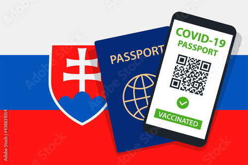 Covid-19 Passport on Slovakia Flag Background. Vaccinated. QR Code. Smartphone. Immune Health Cerificate. Vaccination Document. Vector