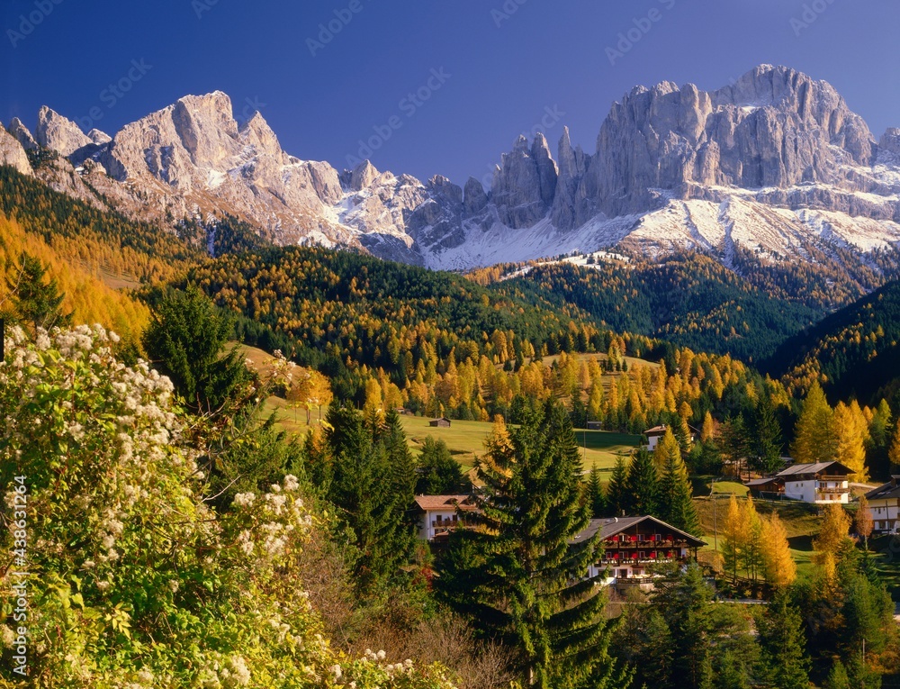 italy, south tyrol, dolomites, catinaccio, vajolet towers, autumn, season, nature, mountains, snow, landscape, mountain landscape, trees, larches, houses, farmhouses, vajolet, catinaccio group, 
