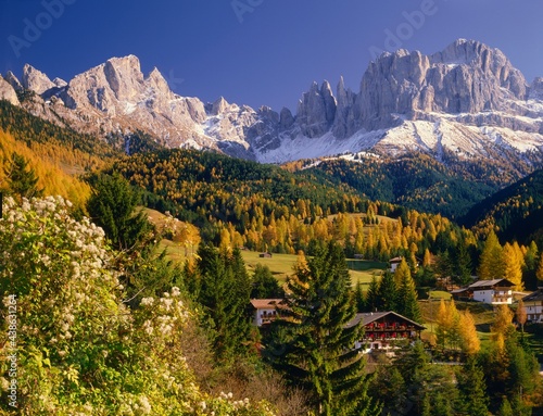 italy, south tyrol, dolomites, catinaccio, vajolet towers, autumn, season, nature, mountains, snow, landscape, mountain landscape, trees, larches, houses, farmhouses, vajolet, catinaccio group, 