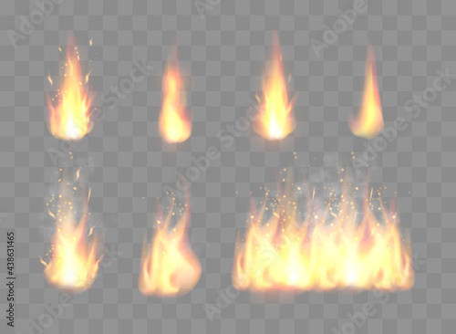 Set of Realistic Fire Flames isolated on transparent background. Vector illustration.